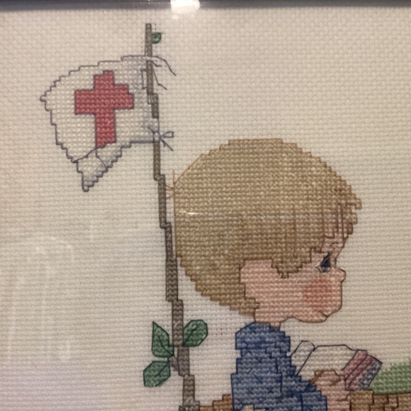 Vintage Cross stitch picture boy wooden barrel flag friendship green frame gold - Picture 2 of 8